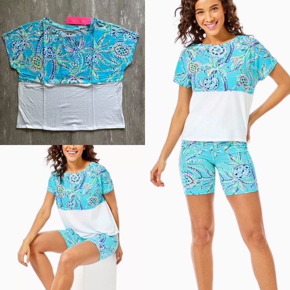 Lilly Pulitzer Finn Cropped Short Sleeve Top - Bermuda Blue Turtle Szn - Picture 1 of 7